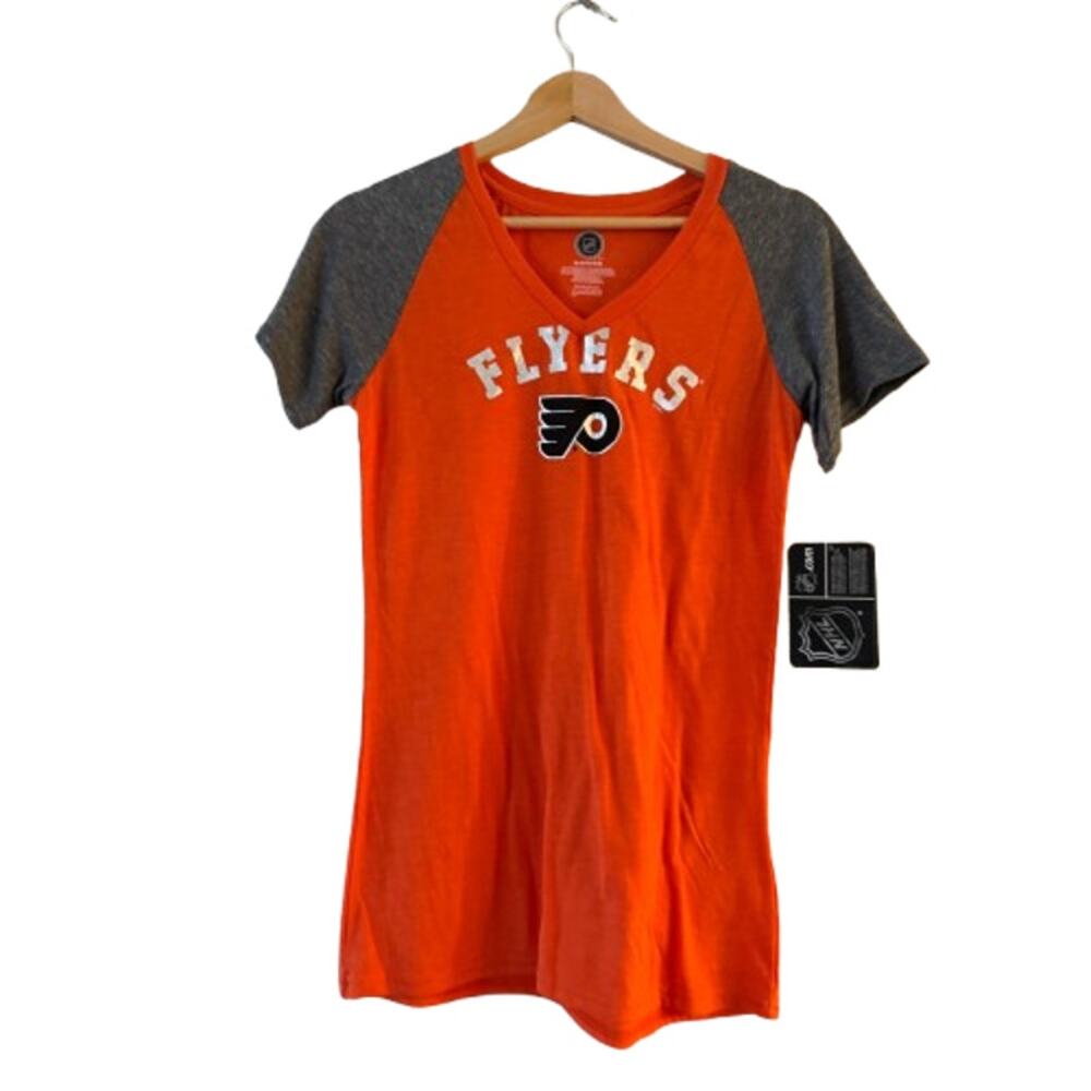 NEW Official NHL Philadelphia Flyers V-Neck Tee Girls XL (14/16) Orange Gray NWT